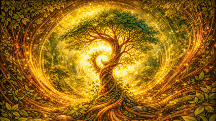 Feng Shui, wood element represented by a golden magic tree in an enchanted forest