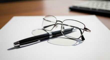 Overhead shot of glasses and pen on a white paper, with keyboard in background