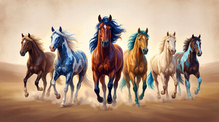 A herd of diverse and colorful horses galloping across a dusty plain in a vibrant artistic depiction