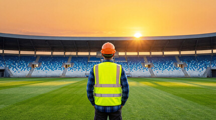 A lone construction worker wearing a hard hat and reflective vest stands on the field of an empty stadium during a vibrant sunset