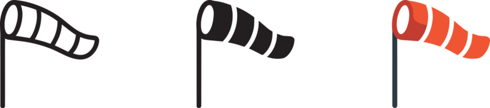 Windsock wind direction indicator icons in linear silhouette and bright orange color versions