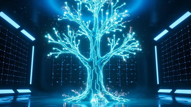 Digital tree glows with network connections in data center room. Technology tree shows digital network branches. Futuristic tree displays data connections. Digital network tree glows in tech space.