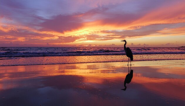 birds on the beach at sunset