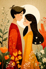 A warm, romantic illustration of a couple facing each other beneath a glowing moon, surrounded by flowers and soft autumn colors in a calm, intimate scene.