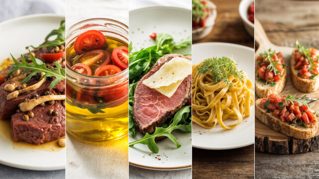 Italienische K&uuml;che &ndash; Collage mit Pasta, Bruschetta, Rindfleisch, Rucola und eingelegten Tomaten