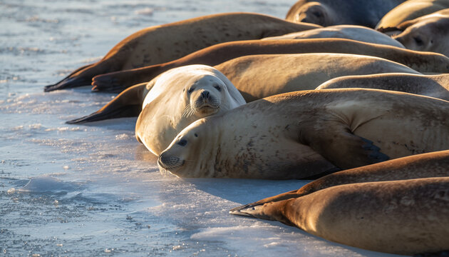 Sea lions sunbathing on the ice