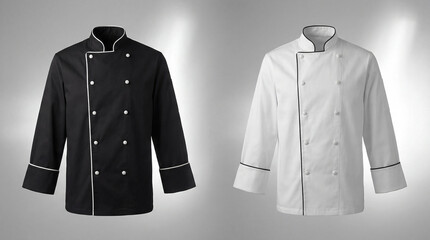 Professional chef jackets showcasing a classic doublebreasted design in black and white with contrasting piping details and pearl buttons