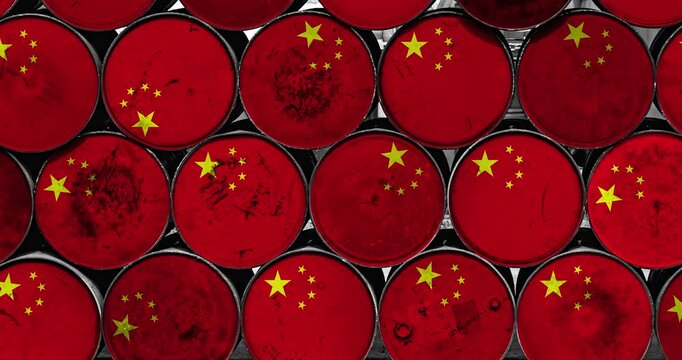 a panning of a lot of oil rusty barrels with the chinese flag