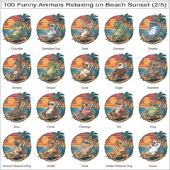 Obraz premium Funny animals relaxing on beach sunset vector bundle: gorilla, hamster, hedgehog, highland cow, hippo, horse, husky, kangaroo, koala, lion, lizard