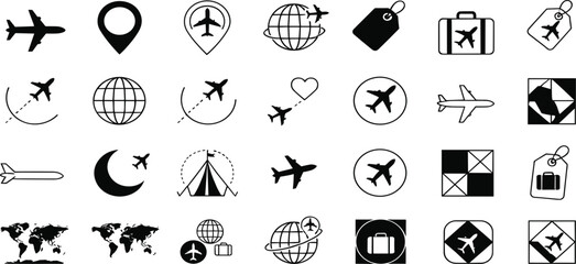 Fototapeta premium Travel and Aviation Icon Set with Airplane, Globe, Destination, Route, and Luggage Symbols for Tourism, Trip Planning, and Transportation Design