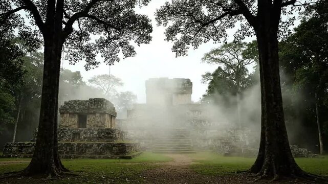 Cinematic shot of ancient Mayan ruins in Mexico with mist and fog moving through jungle temple site