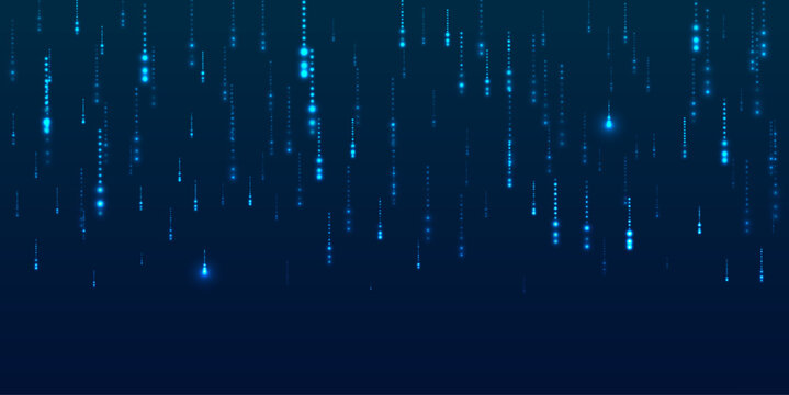 Blue light rain falls vertically through cyber space, forming luminous data patterns with shimmering particles and electronic glow on black abstract backdrop.
