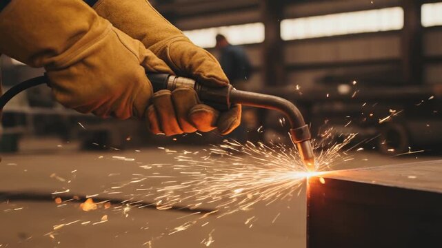 Mig welding sparks fly over steel metal industrial workshop with protective gloves creating bright intense light and metal fabrication safety sparks