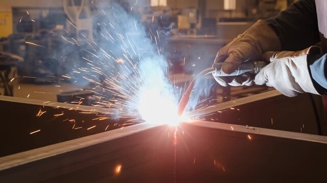MIG welding sparks fly bright light intense heat joining steel metal parts with precision in industrial workshop environment using protective gloves