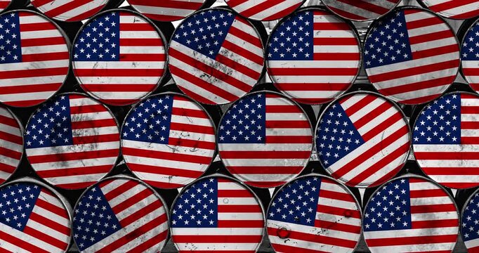 a panning of a lot of oil rusty barrels with the united states of america flag