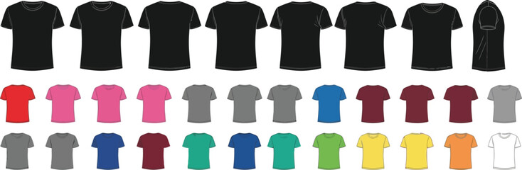 A grid display showcases various colored short-sleeve crew neck and V-neck t-shirts against a clean white background.