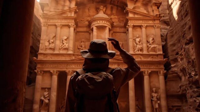 Unrecognizable tourist person standing in front of al khazneh treasury in petra jordan, ancient city carved into canyon, cinematic motion footage