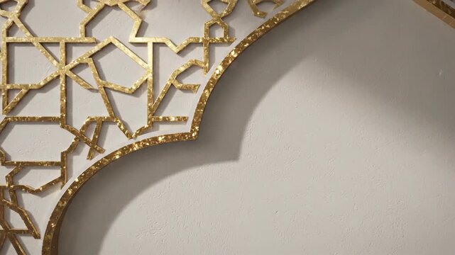 Luxurious Golden Frame: Close-up shot of an elegant Islamic geometric pattern panel with a central quatrefoil arch, perfect for Ramadan greetings, luxury branding, or cultural event backgrounds.