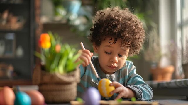Curious child painting easter eggs with vibrant colors in sunny living room. Happy Easter