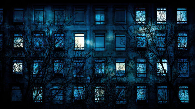 Nighttime building windows glow with blue light behind leafless tree branches showing economic crisis and inflation effects on urban poverty
