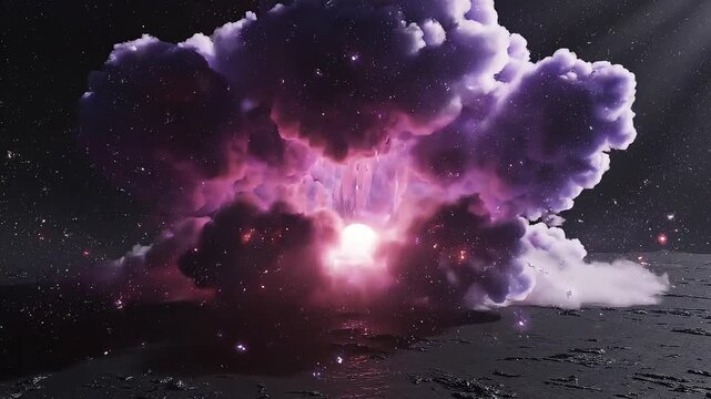 A massive purple explosion erupts on a dark surface with vibrant clouds and bright light emission