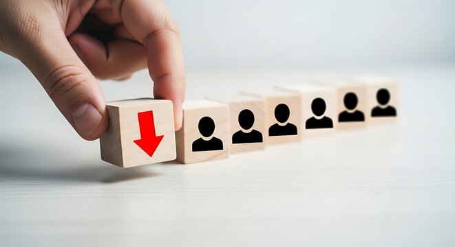 Hand places wooden cube with red down arrow next to cubes with person wooden cubes red arrow person decrease