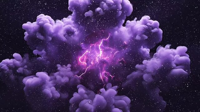 Purple explosion clouds with vibrant lightning in a dramatic cosmic scene, Purple explotion(1).mov inspired, viewed from a distant perspective.