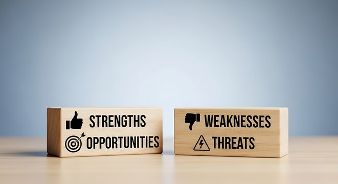 Two wooden blocks with S W O T analysis text and on a table SWOT analysis strengths opportunities weaknesses