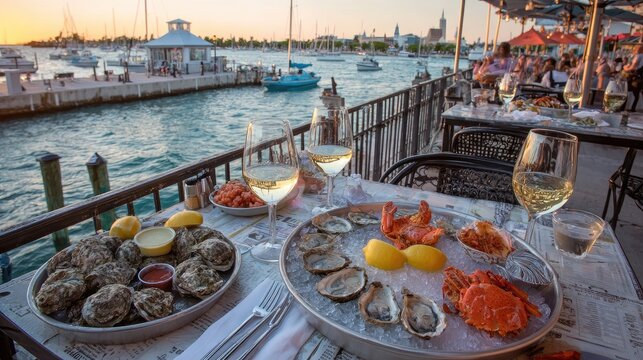 Waterfront dining features fresh seafood platters and white wine.