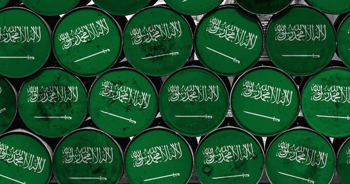 a panning of a lot of oil rusty barrels with the saudi arabia flag