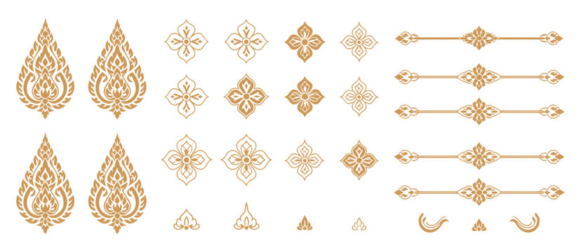 Thai Decorative Graphic Elements Collection Featuring Golden Lotus, Flame Motifs, Traditional Kanok Patterns, and Elegant Floral Ornaments for Luxury Cultural Design and Premium Branding Use