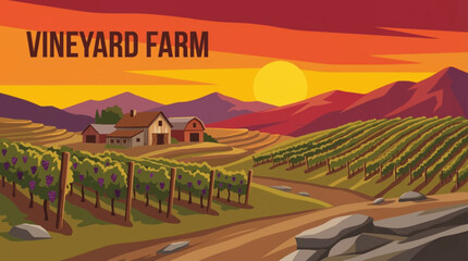 Vineyard farm illustration cartoon on rolling hills with grapevines, representing wine production, traditional agriculture, and premium rural landscape. © Evan
