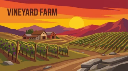 Gardinen Bauernhof Vineyard farm illustration cartoon on rolling hills with grapevines, representing wine production, traditional agriculture, and premium rural landscape.  © Evan