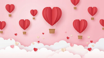 Paper art heart hot air balloon flying in pink cloudy sky