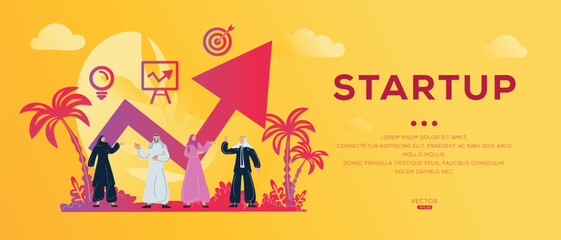 Startup text with Arab people in traditional clothing, vector illustration.