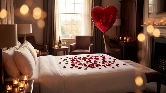 Romantic hotel bed decorated with heart rose petals and balloon