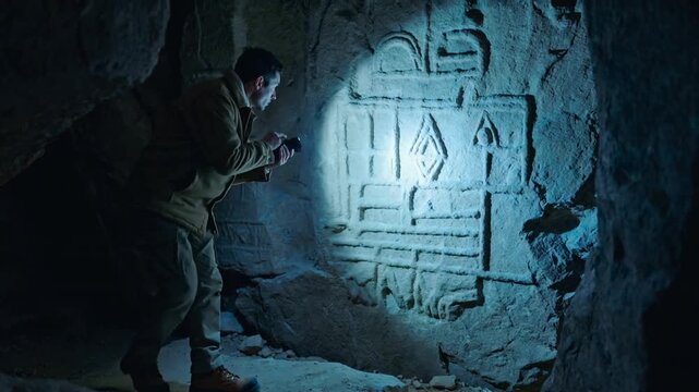 Archaeologist examining ancient petroglyphs with flashlight in dark cave. Historical discovery of stone carvings. Panning camera movement.