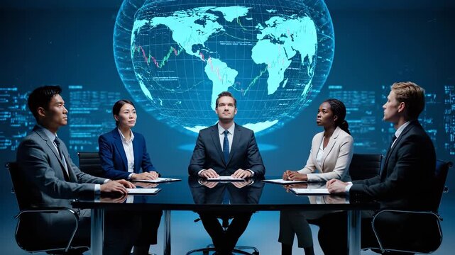 executive meeting in conference with team around boardroom table. discussion on technology and global screen with digital map projection. leader at center addresses colleagues in formal setting.