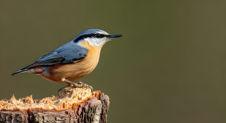 Eurasian Nuthatch bird perched on a weathered wooden stump, detailed feathers and alert posture