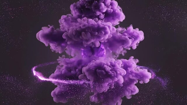 A vibrant purple explosion of smoke rises in a dramatic cloud formation against a dark background with swirling tendrils and particles