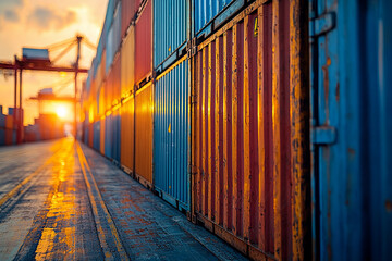 Fototapeta premium Close-up of blue shipping containers at sunset Generative AI