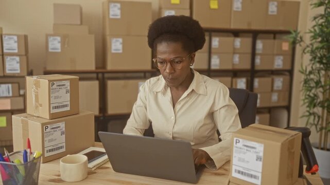 Woman business owner typing on laptop, hands on keyboard among stacked shipping boxes, labels and packing tape on desk in a building; small business confidence.