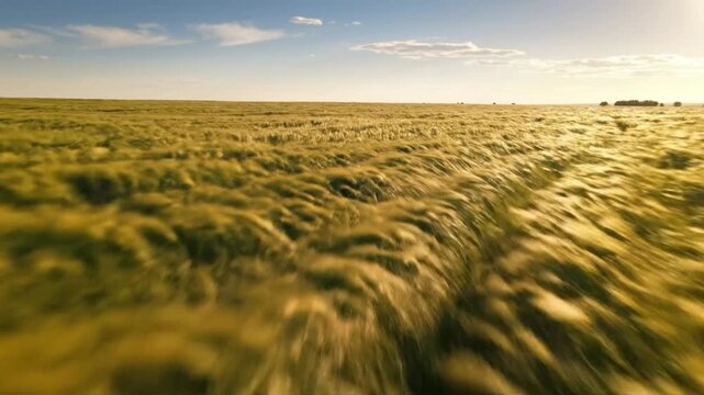 Aerial view of a vast field of golden wheat swaying gently in the breeze on a sunny day