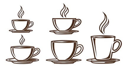 Obraz premium A Diverse Collection of Steaming Coffee Cups and Mugs, Elegantly Illustrated in a Classic Monochrome Style, Perfect for Hot Beverage Themes and Cafe Designs