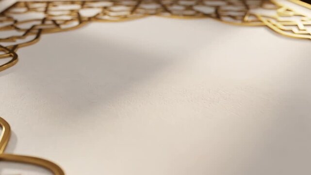 Elegant Golden Frame Background. Luxurious abstract close-up shot of intricate gold Islamic geometric pattern bordering a clean white textured surface with soft shadows, perfect for luxury branding,