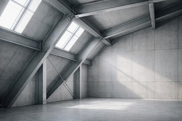 Modern Industrial Concrete Interior with Steel Beams and Skylights