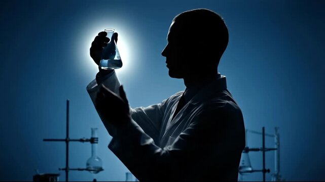 Scientist laboratory holding flask and beaker examining liquid, research silhouette with