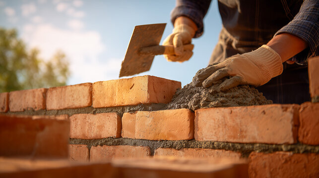 Bricklayer hands working on new brick wall construction