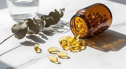 Golden Omega-3 Fish Oil Capsules Spilling from Amber Bottle on White Marble with Eucalyptus and Water Glass, Illuminated by Natural Sunlight for Health and Wellness