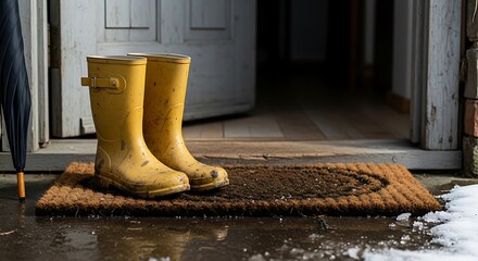 Yellow Rubber Boots on Muddy Doormat at Home Entrance with Melting Snow and Puddles, Umbrella Ready for Wet Weather